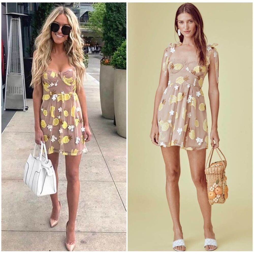For Love & Lemons Nude Fruit Sequin Yellow Mini Dress